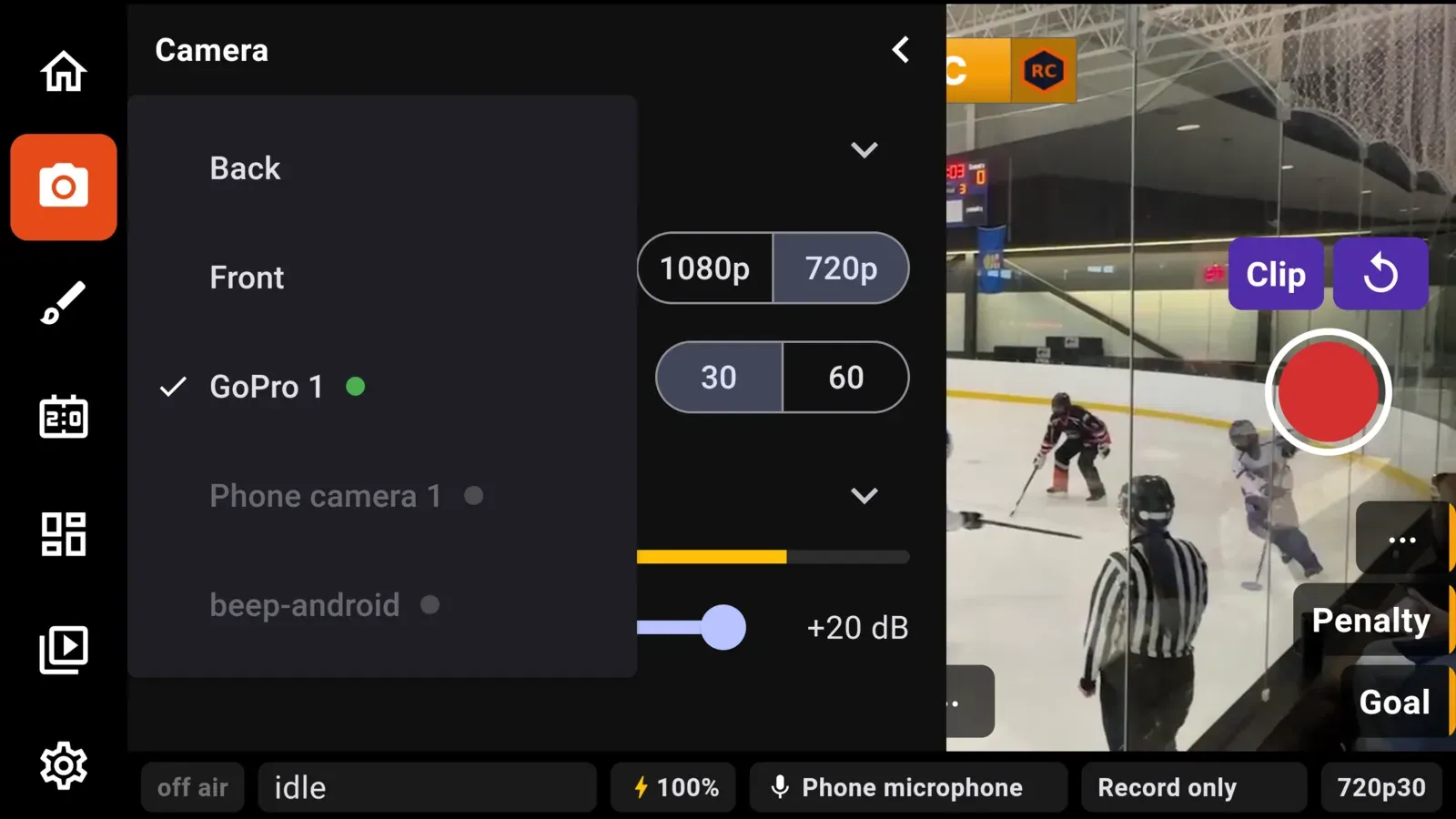 The camera menu listing Back, Front and a GoPro with a green receiving dot