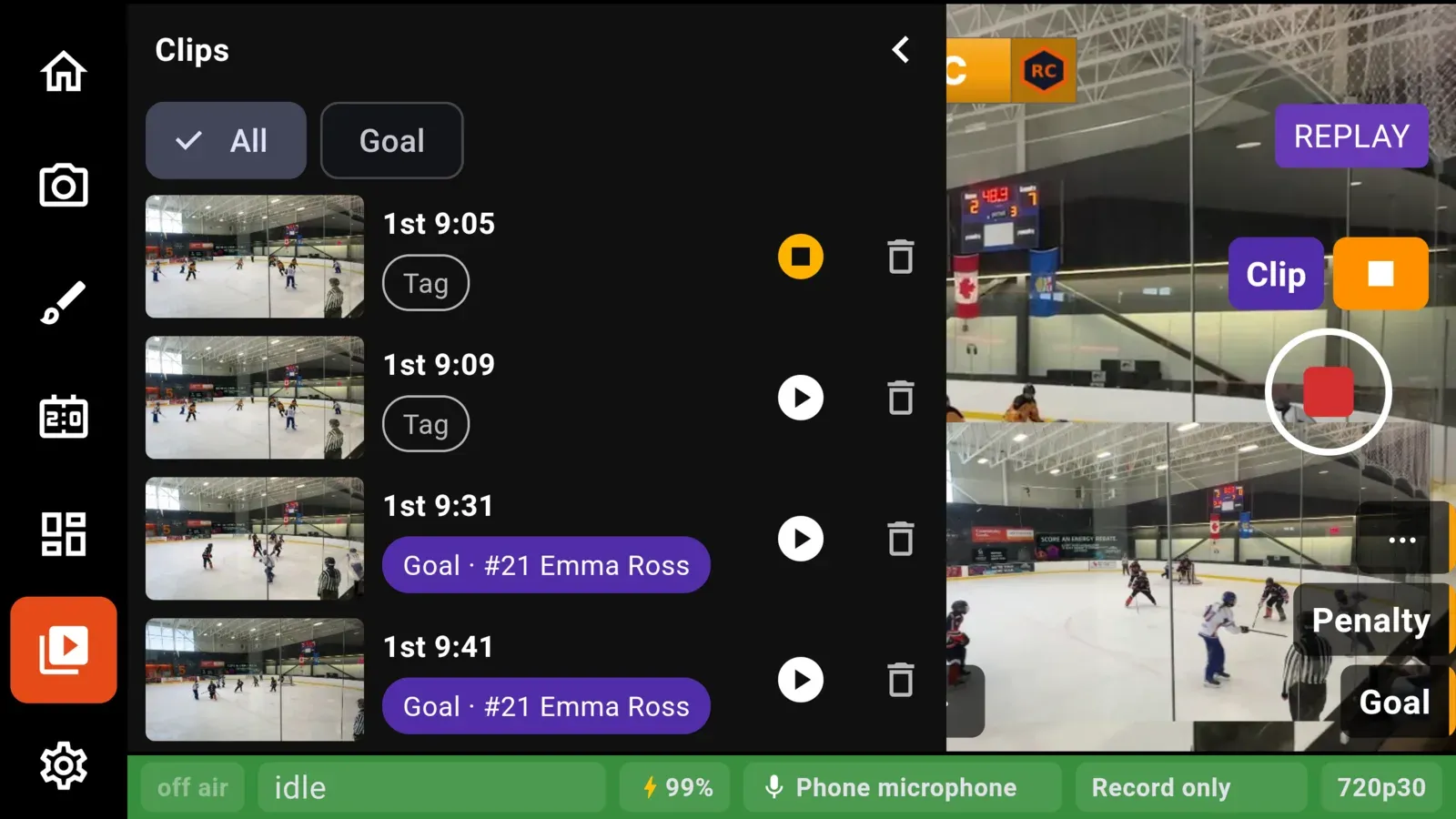 The Clips pullout listing three clips tagged with the goal scorer