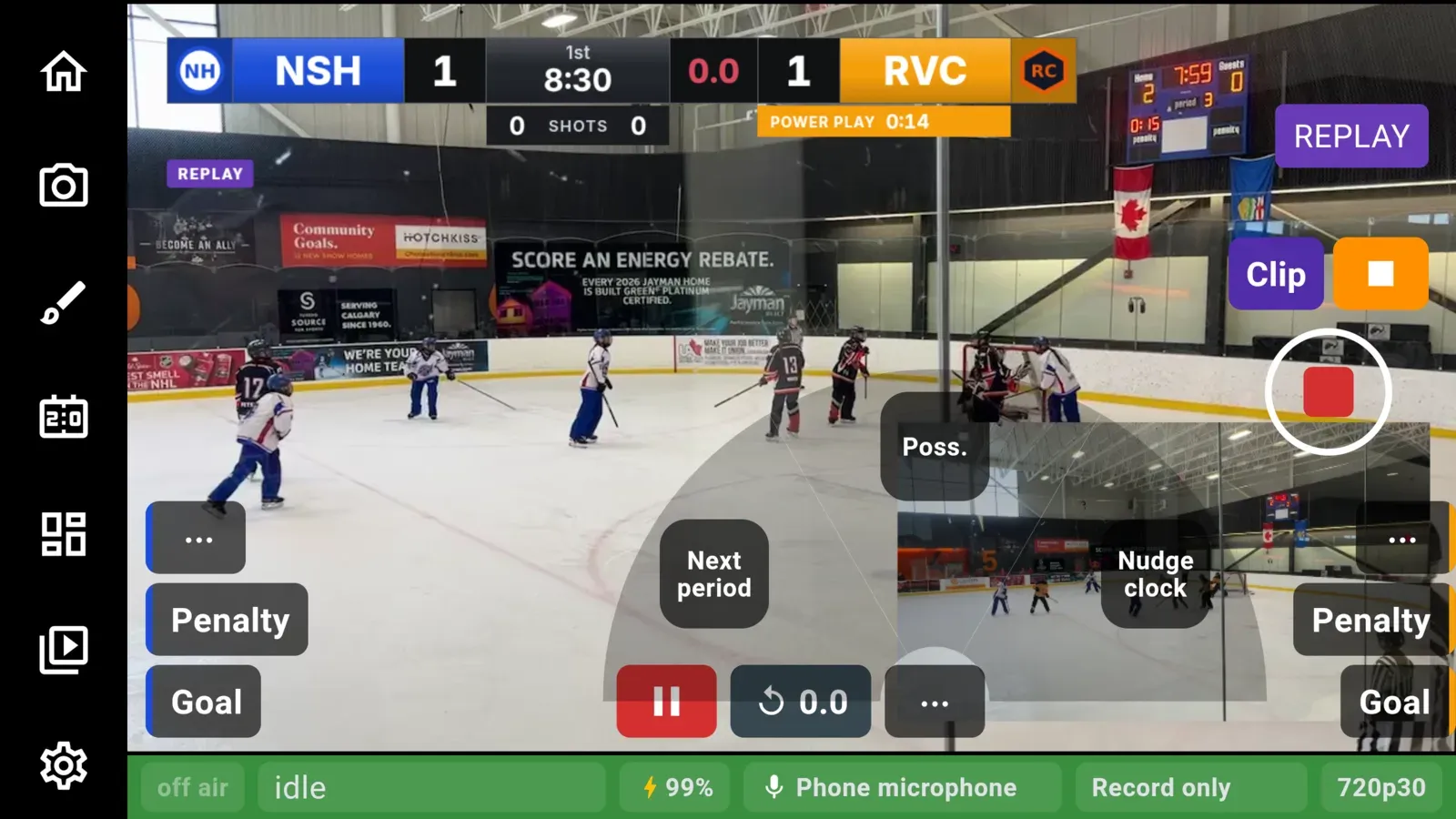 The clock’s More fan open over the picture, with Next period, possession and Nudge clock