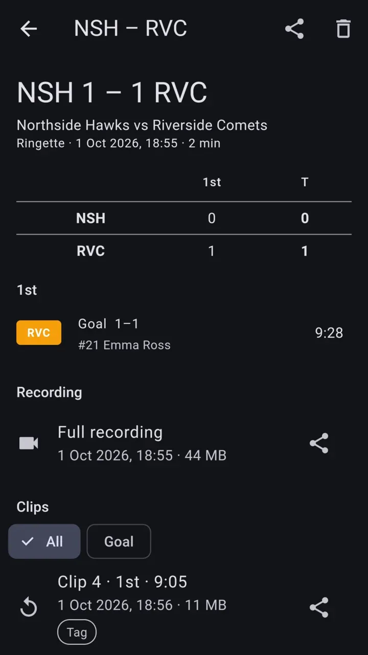 A game page with the score by period, the game log, the recording and its clips