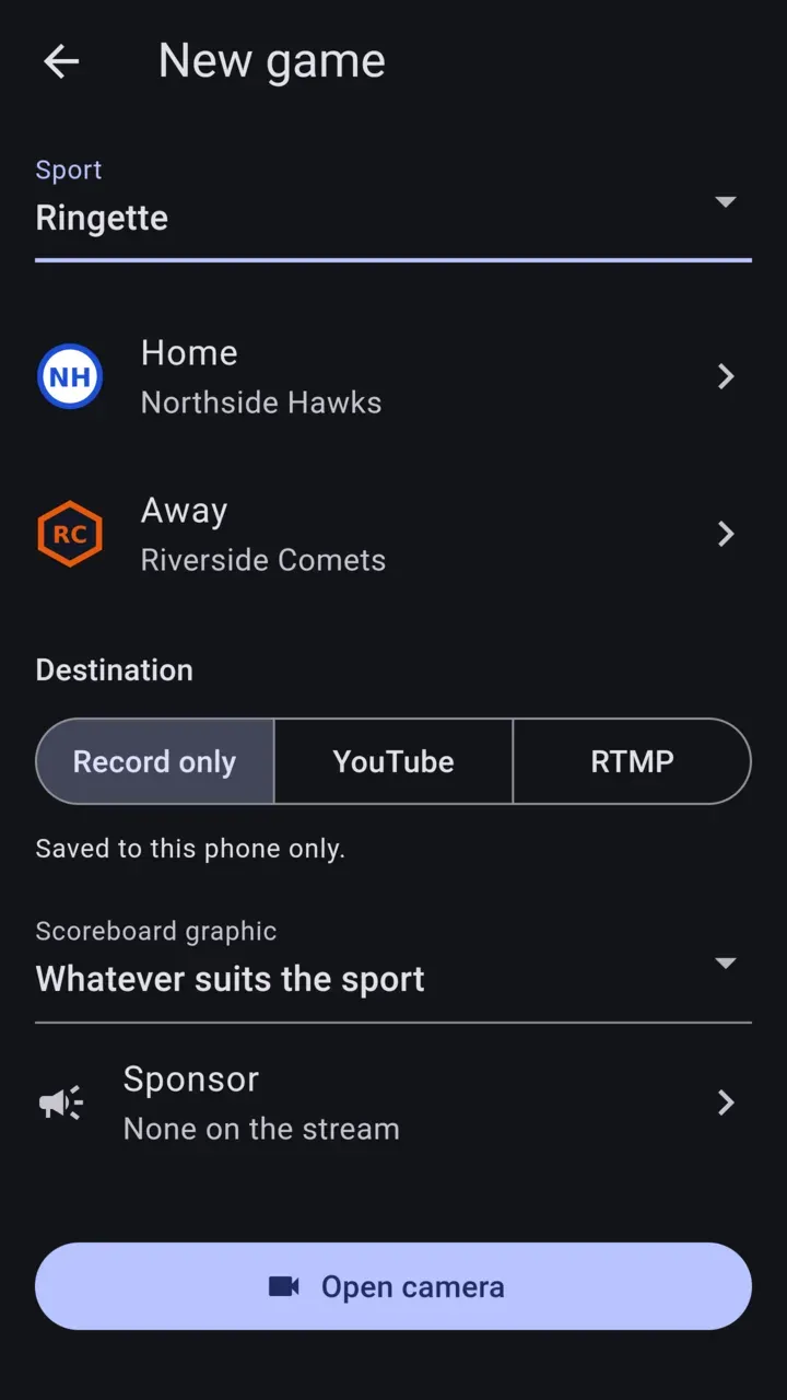 The New game page with ringette, two saved teams and Record only chosen