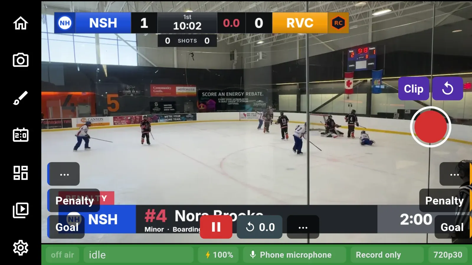 The broadcast bar on a ringette game with a penalty strip naming the player and the infraction