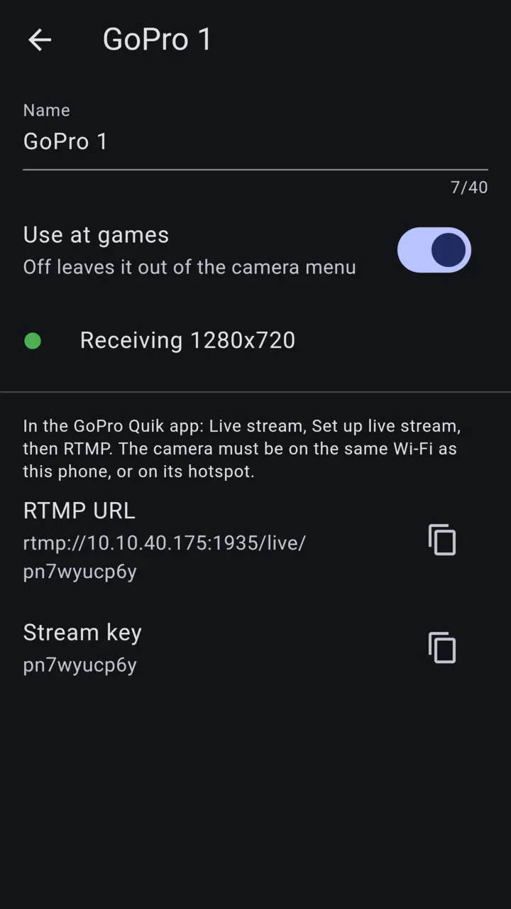 A GoPro / RTMP source in Settings, receiving 1280x720, with its RTMP URL and stream key