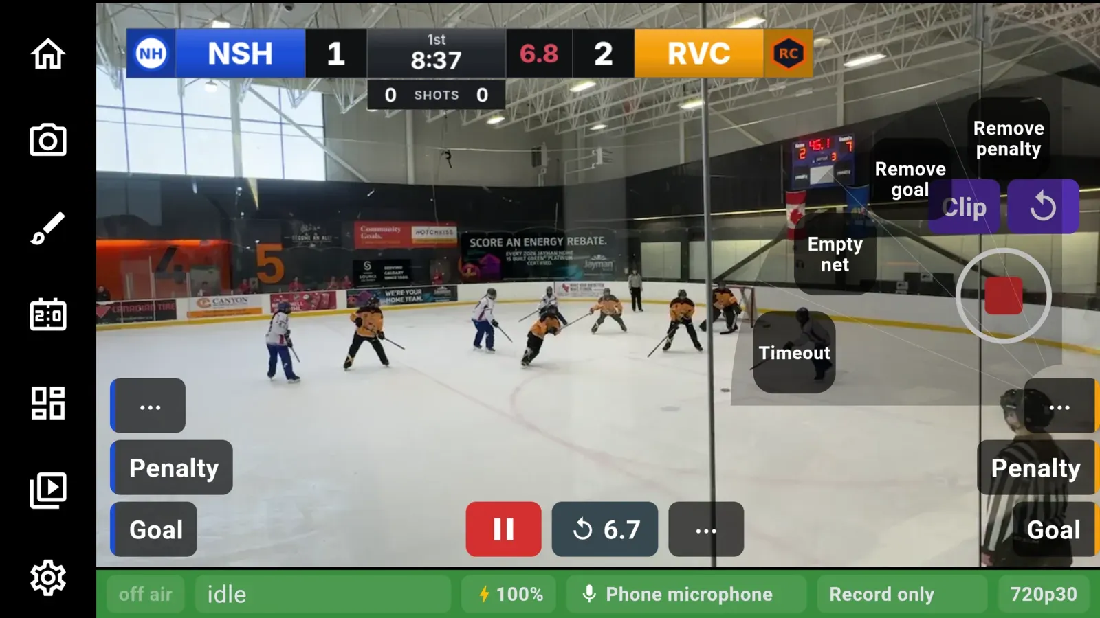 The away team’s More fan open over the picture, with Timeout, Empty net, Remove goal and Remove penalty